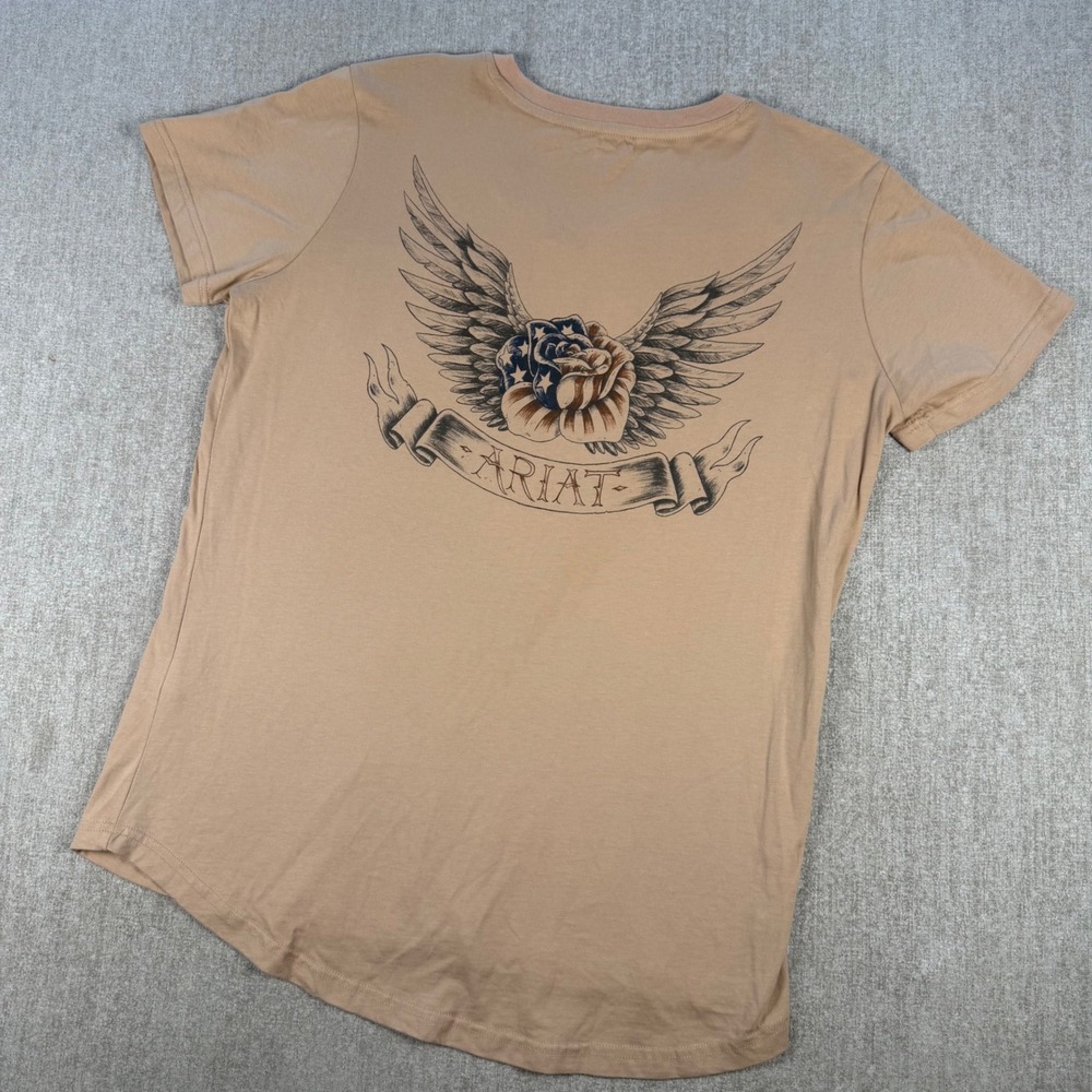 Ariat T-Shirt Women XL Tan Rebar Cotton Strong American Rose Graphic V-Neck Tee